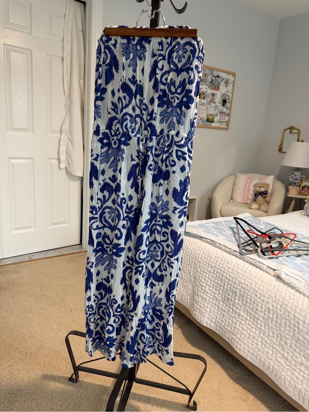 blue island White and Blue Floral Strapless Jumpsuit